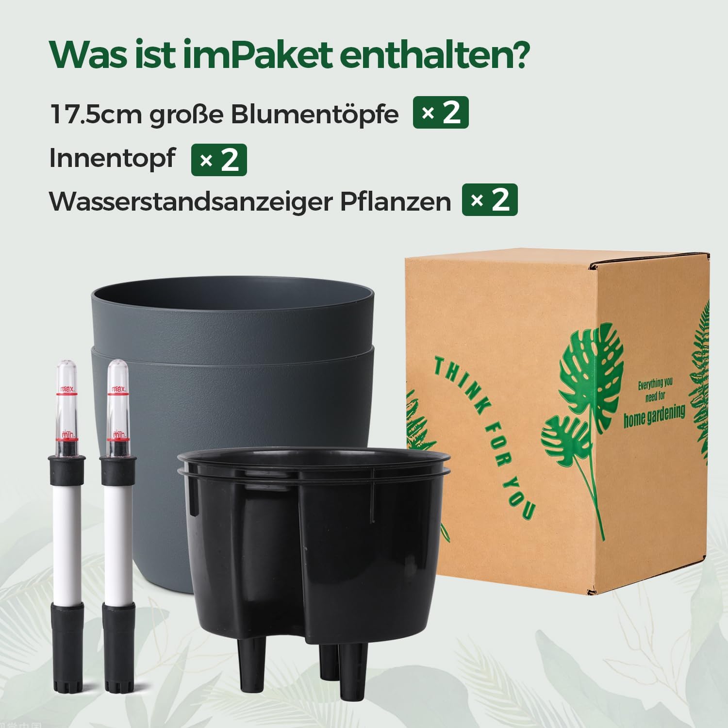 T4U 2Pcs 17,5cm Selbstbewässerungstopf mit Wasseranzeiger, Praktischer Blumentopf für vielbeschäftigte Anfänger und Gärtner, Plant Pot geeignet für Geranien/Minze für den Innen und Außenbereich (Grau)