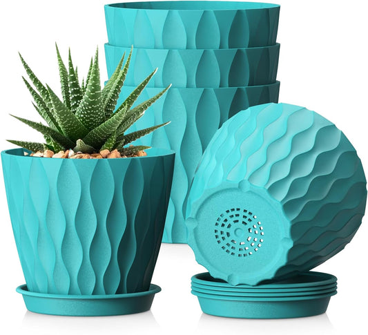 WSMKSZ 15 cm Blumentopf, 5er Set Dick Kunststoff Pflanztöpfe mit Untersetzer & Abflusslöchern, 3D-Wellentextur Übertopf für Einblatt, Efeutute & Innen Außen Pflanzen, Blaugrün