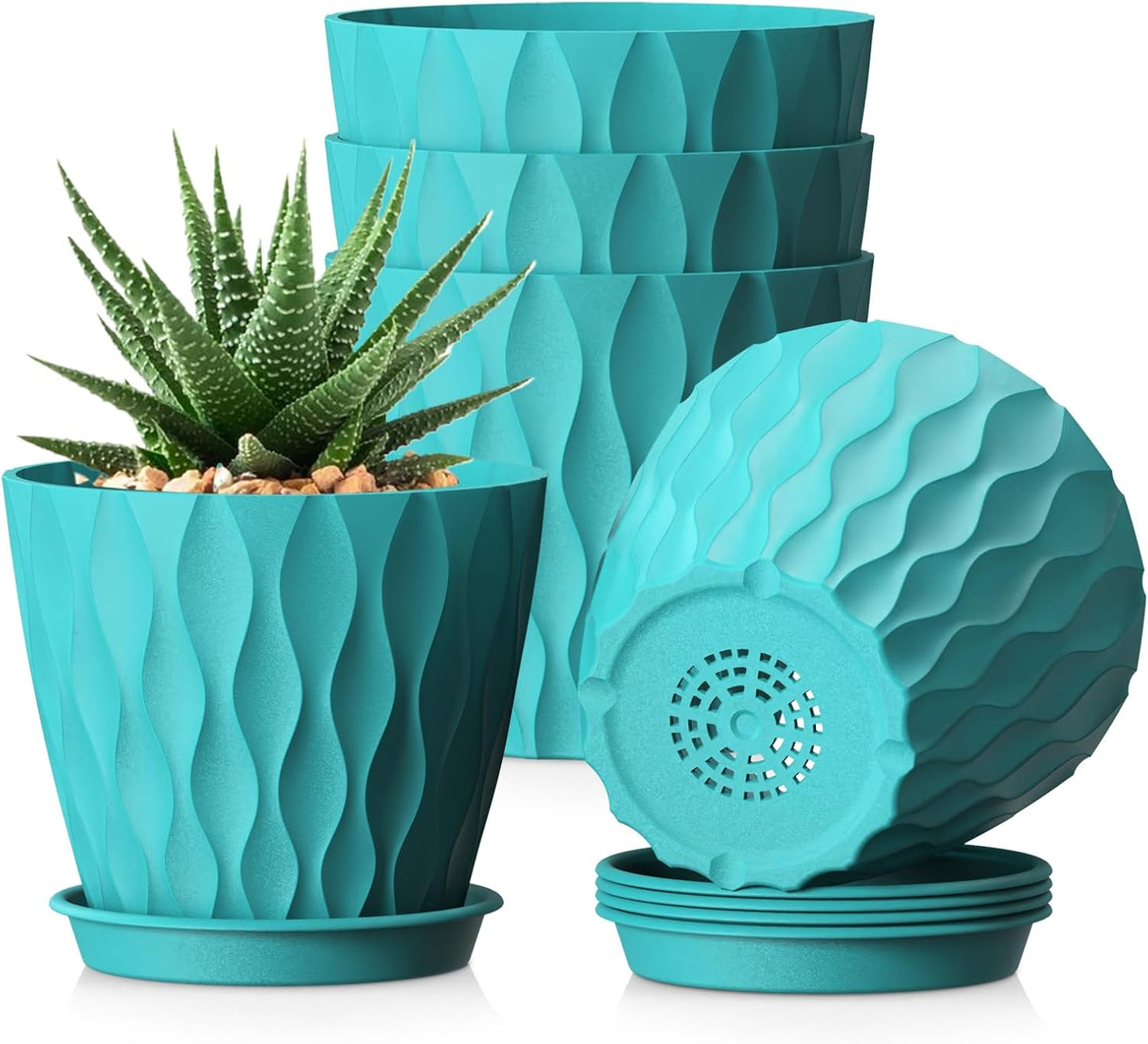 WSMKSZ 15 cm Blumentopf, 5er Set Dick Kunststoff Pflanztöpfe mit Untersetzer & Abflusslöchern, 3D-Wellentextur Übertopf für Einblatt, Efeutute & Innen Außen Pflanzen, Blaugrün