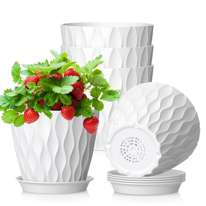 WSMKSZ 20 cm Flower Pots, Set of 5 Thick Plastic Plant Pots with Saucer and Drain Holes, 3D Wave Texture Planter for Monstera, Geranium & Indoor Outdoor Plants, Black