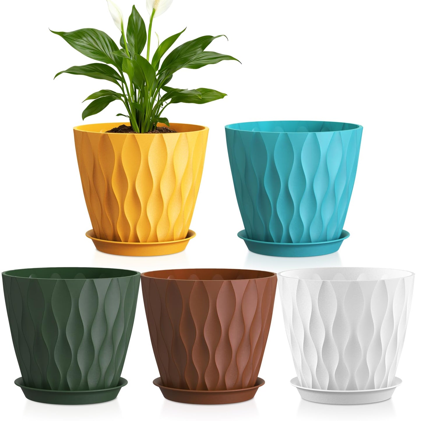 WSMKSZ 20 cm Flower Pots, Set of 5 Thick Plastic Plant Pots with Saucer and Drain Holes, 3D Wave Texture Planter for Monstera, Geranium & Indoor Outdoor Plants, Black