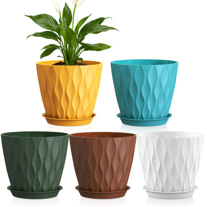 WSMKSZ 20 cm Flower Pots, Set of 5 Thick Plastic Plant Pots with Saucer and Drain Holes, 3D Wave Texture Planter for Monstera, Geranium & Indoor Outdoor Plants, Black