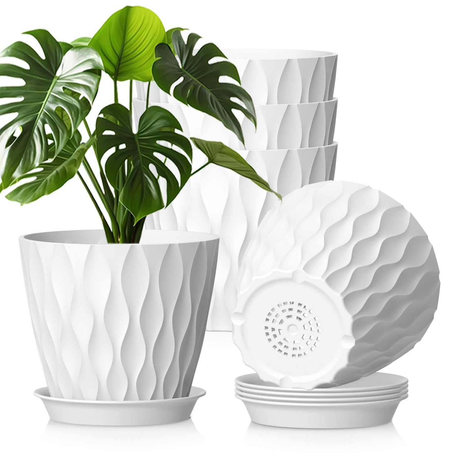 WSMKSZ 20 cm Flower Pots, Set of 5 Thick Plastic Plant Pots with Saucer and Drain Holes, 3D Wave Texture Planter for Monstera, Geranium & Indoor Outdoor Plants, Black
