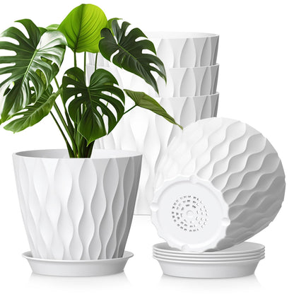 WSMKSZ 20 cm Flower Pots, Set of 5 Thick Plastic Plant Pots with Saucer and Drain Holes, 3D Wave Texture Planter for Monstera, Geranium & Indoor Outdoor Plants, Black