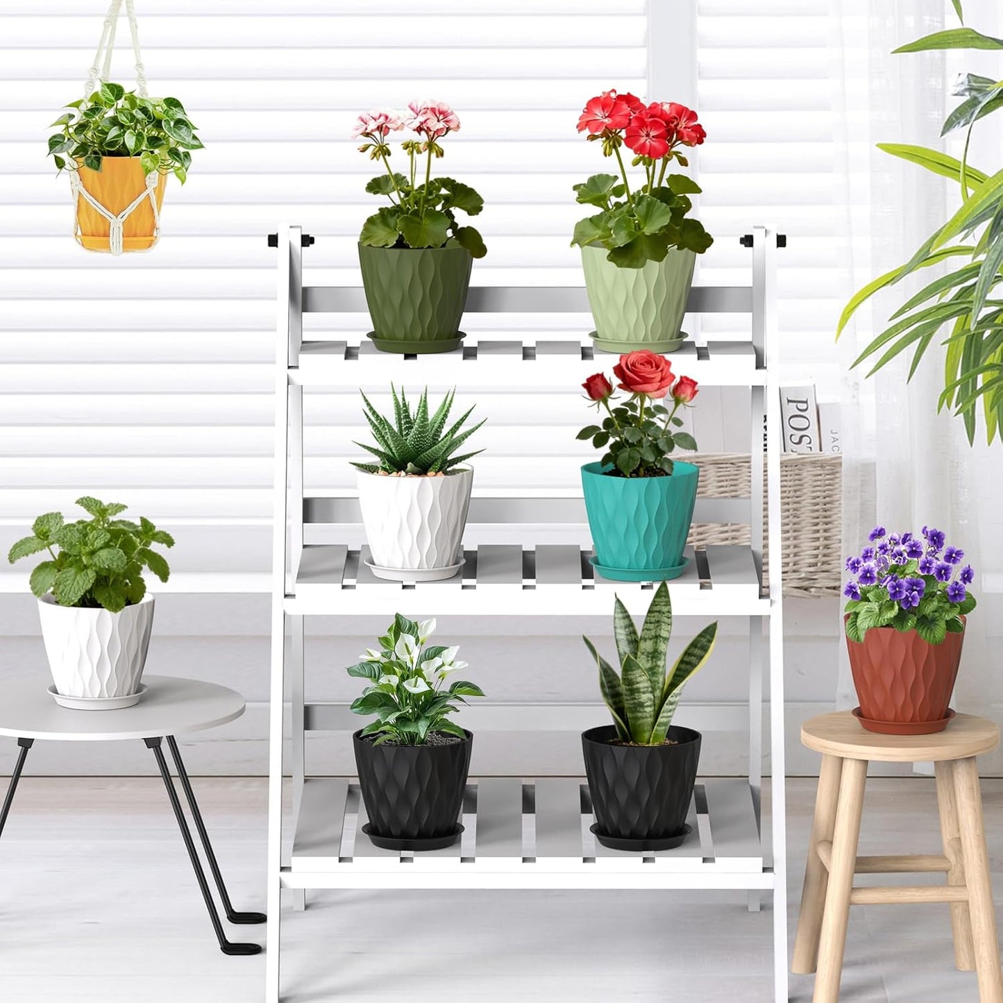 WSMKSZ 20 cm Flower Pots, Set of 5 Thick Plastic Plant Pots with Saucer and Drain Holes, 3D Wave Texture Planter for Monstera, Geranium & Indoor Outdoor Plants, Black