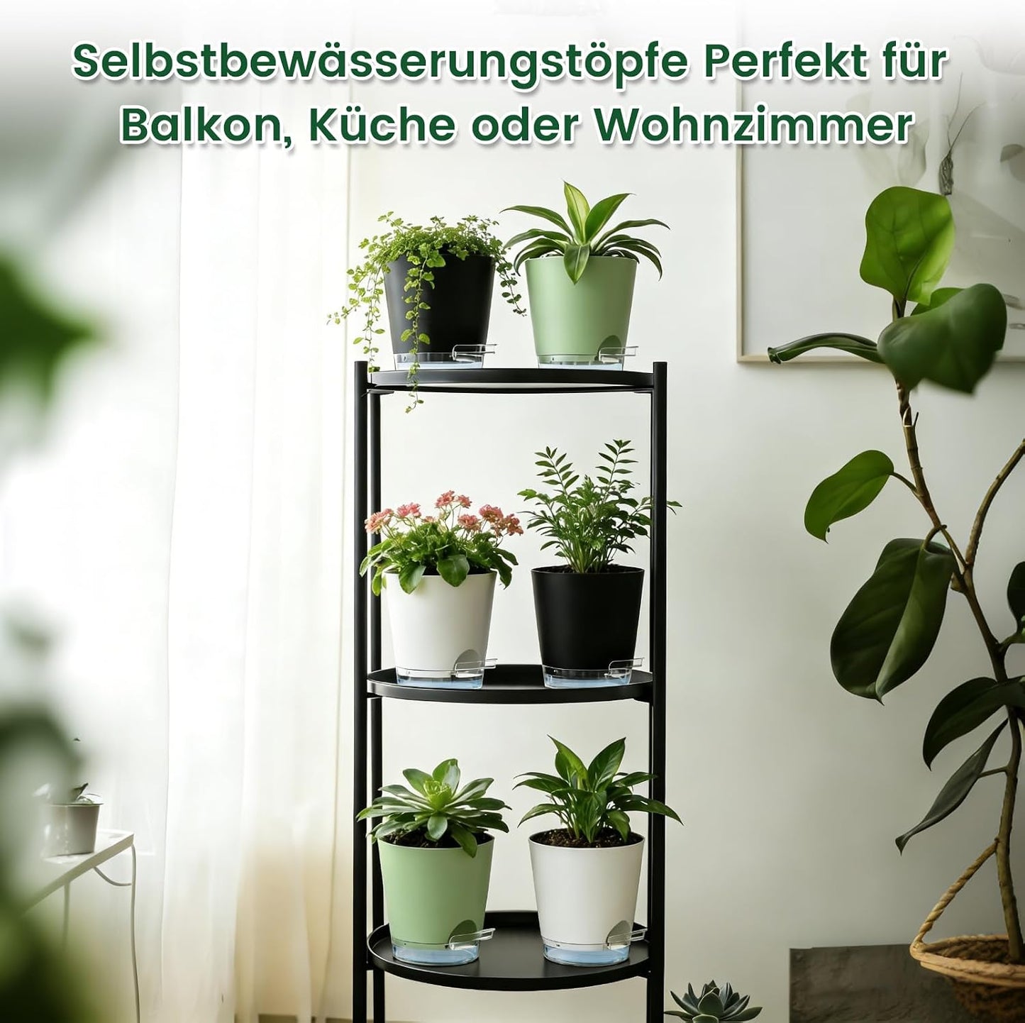 WSMKSZ 7er Set Selbstbewässerungstopf, 20/17,6/16,3/15/13,8/12,5/10,2 cm Kunststoff Blumentöpfe mit Abflusslöchern und Transparentem Wasserreservoir, Sichtbarer Wasserstand, mit Baumwolldocht, Grün