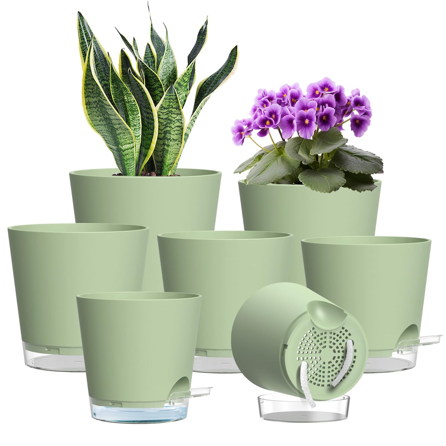 WSMKSZ 7er Set Selbstbewässerungstopf, 20/17,6/16,3/15/13,8/12,5/10,2 cm Kunststoff Blumentöpfe mit Abflusslöchern und Transparentem Wasserreservoir, Sichtbarer Wasserstand, Schwarz