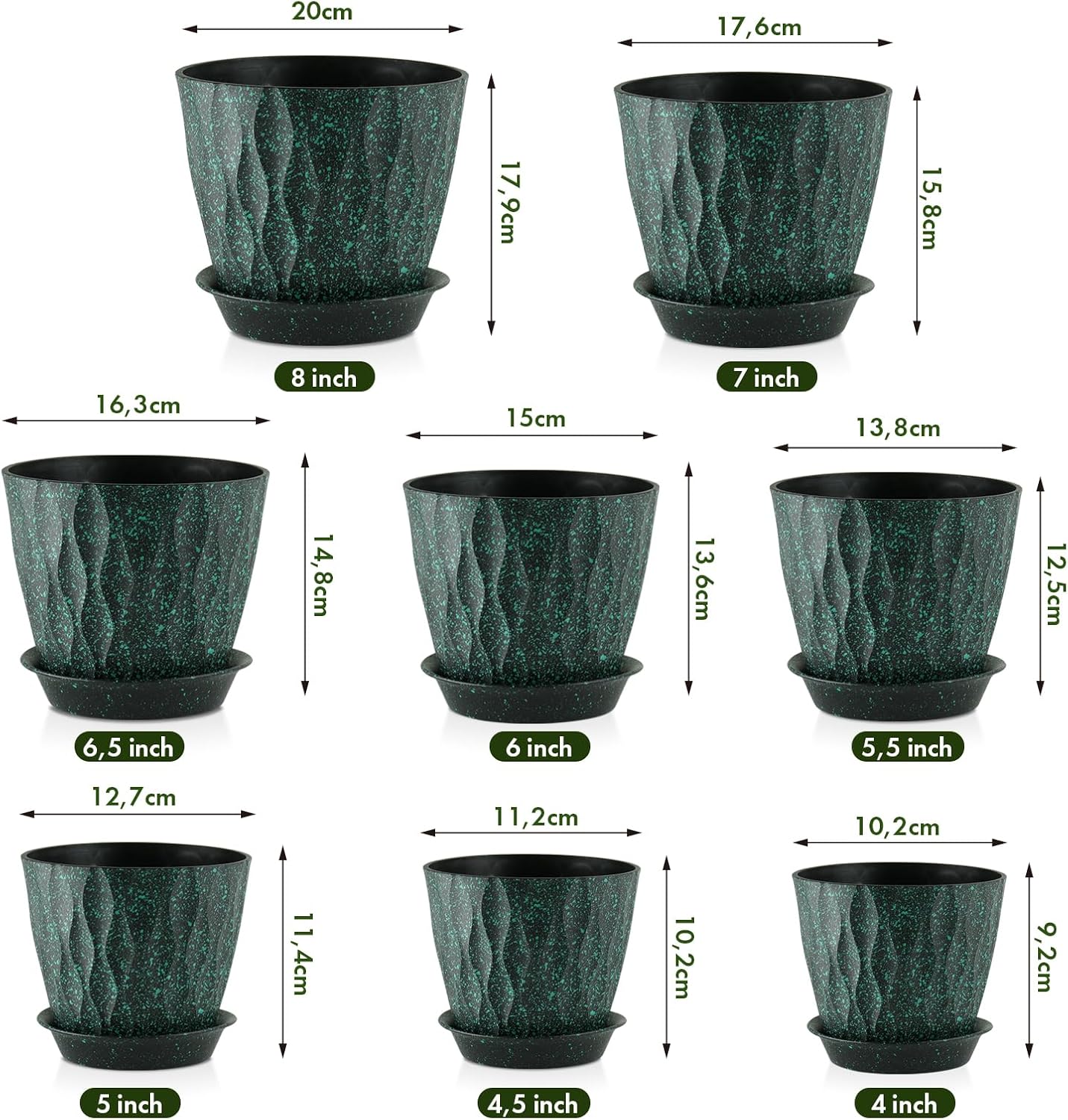 WSMKSZ 8er Set Blumentöpfe, 20/17,6/16,3/15/13,8/12,7/11,2/10,2 cm Dick Kunststoff Pflanztöpfe mit Abflusslöchern und Untersetzer, 3D-Wellentextur Blumentopf, Schwarz mit grünen Sprenkeln