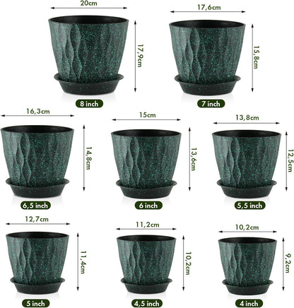 WSMKSZ 8er Set Blumentöpfe, 20/17,6/16,3/15/13,8/12,7/11,2/10,2 cm Dick Kunststoff Pflanztöpfe mit Abflusslöchern und Untersetzer, 3D-Wellentextur Blumentopf, Schwarz mit grünen Sprenkeln
