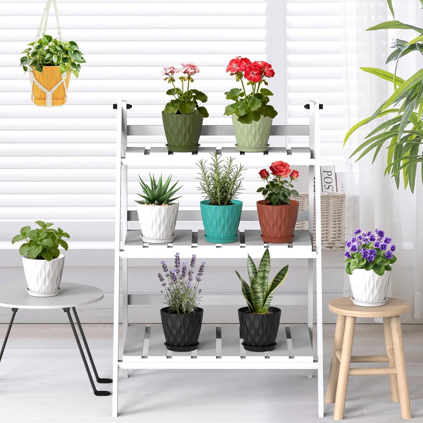WSMKSZ 15 cm Blumentopf, 5er Set Dick Kunststoff Pflanztöpfe mit Untersetzer & Abflusslöchern, 3D-Wellentextur Übertopf für Einblatt, Efeutute & Innen Außen Pflanzen, Blaugrün
