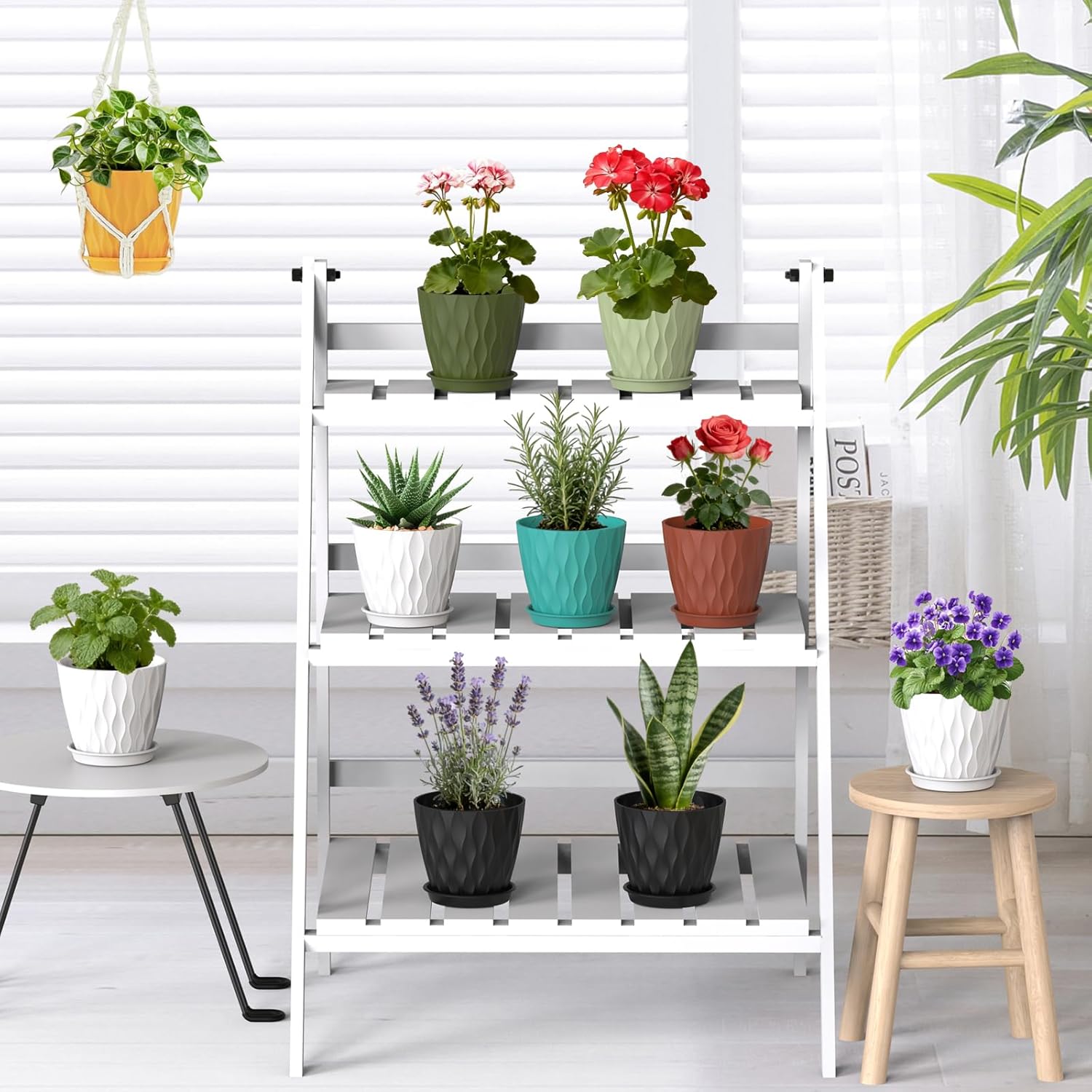 WSMKSZ 15 cm Blumentopf, 5er Set Dick Kunststoff Pflanztöpfe mit Untersetzer & Abflusslöchern, 3D-Wellentextur Übertopf für Einblatt, Efeutute & Innen Außen Pflanzen, Blaugrün