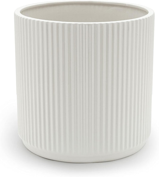 Amazon Basics 8" Round Ribbed Ceramic Planter - White