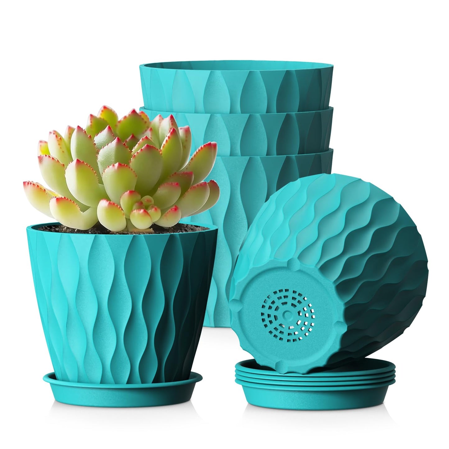 WSMKSZ 15 cm Blumentopf, 5er Set Dick Kunststoff Pflanztöpfe mit Untersetzer & Abflusslöchern, 3D-Wellentextur Übertopf für Einblatt, Efeutute & Innen Außen Pflanzen, Blaugrün