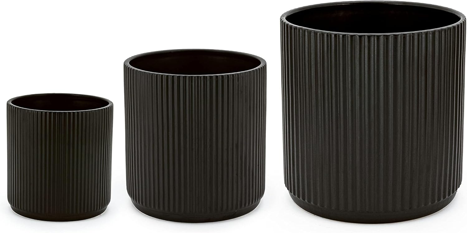 Amazon Basics Set of 3 Black Round Ribbed Ceramic Planters 6", 8" and 10"