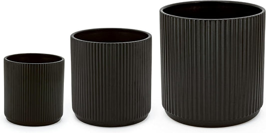 Amazon Basics Set of 3 Black Round Ribbed Ceramic Planters 6", 8" and 10"