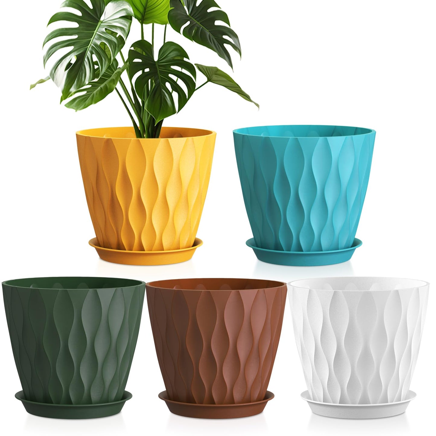 WSMKSZ 20 cm Flower Pots, Set of 5 Thick Plastic Plant Pots with Saucer and Drain Holes, 3D Wave Texture Planter for Monstera, Geranium & Indoor Outdoor Plants, Black