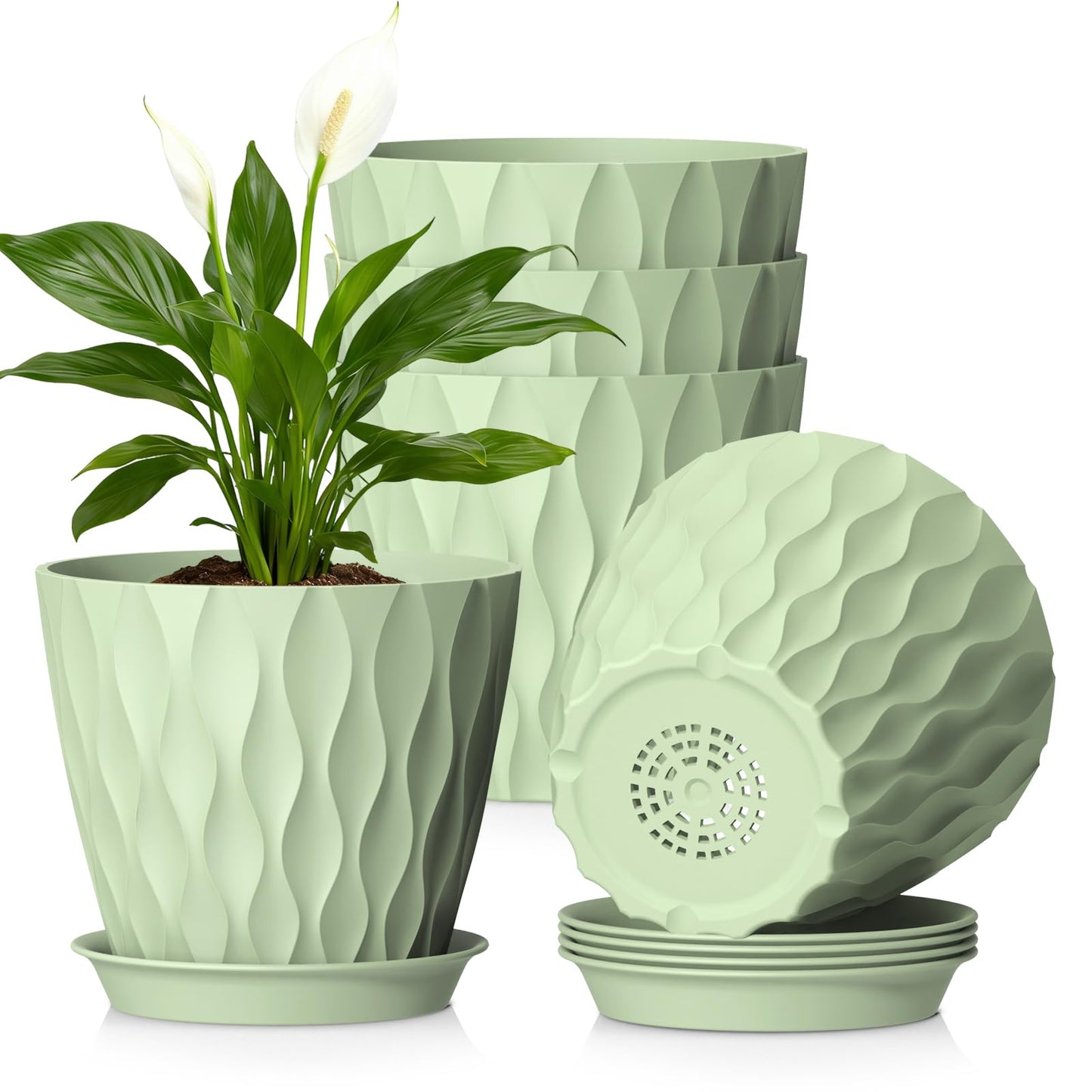 WSMKSZ 20 cm Flower Pots, Set of 5 Thick Plastic Plant Pots with Saucer and Drain Holes, 3D Wave Texture Planter for Monstera, Geranium & Indoor Outdoor Plants, Black