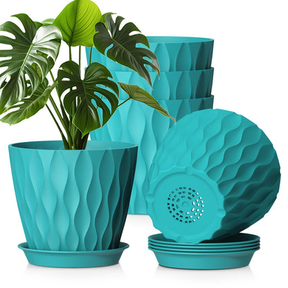WSMKSZ 20 cm Flower Pots, Set of 5 Thick Plastic Plant Pots with Saucer and Drain Holes, 3D Wave Texture Planter for Monstera, Geranium & Indoor Outdoor Plants, Black