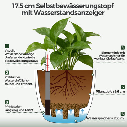 T4U 2Pcs 17,5cm Selbstbewässerungstopf mit Wasseranzeiger, Praktischer Blumentopf für vielbeschäftigte Anfänger und Gärtner, Plant Pot geeignet für Geranien/Minze für den Innen und Außenbereich (Grau)