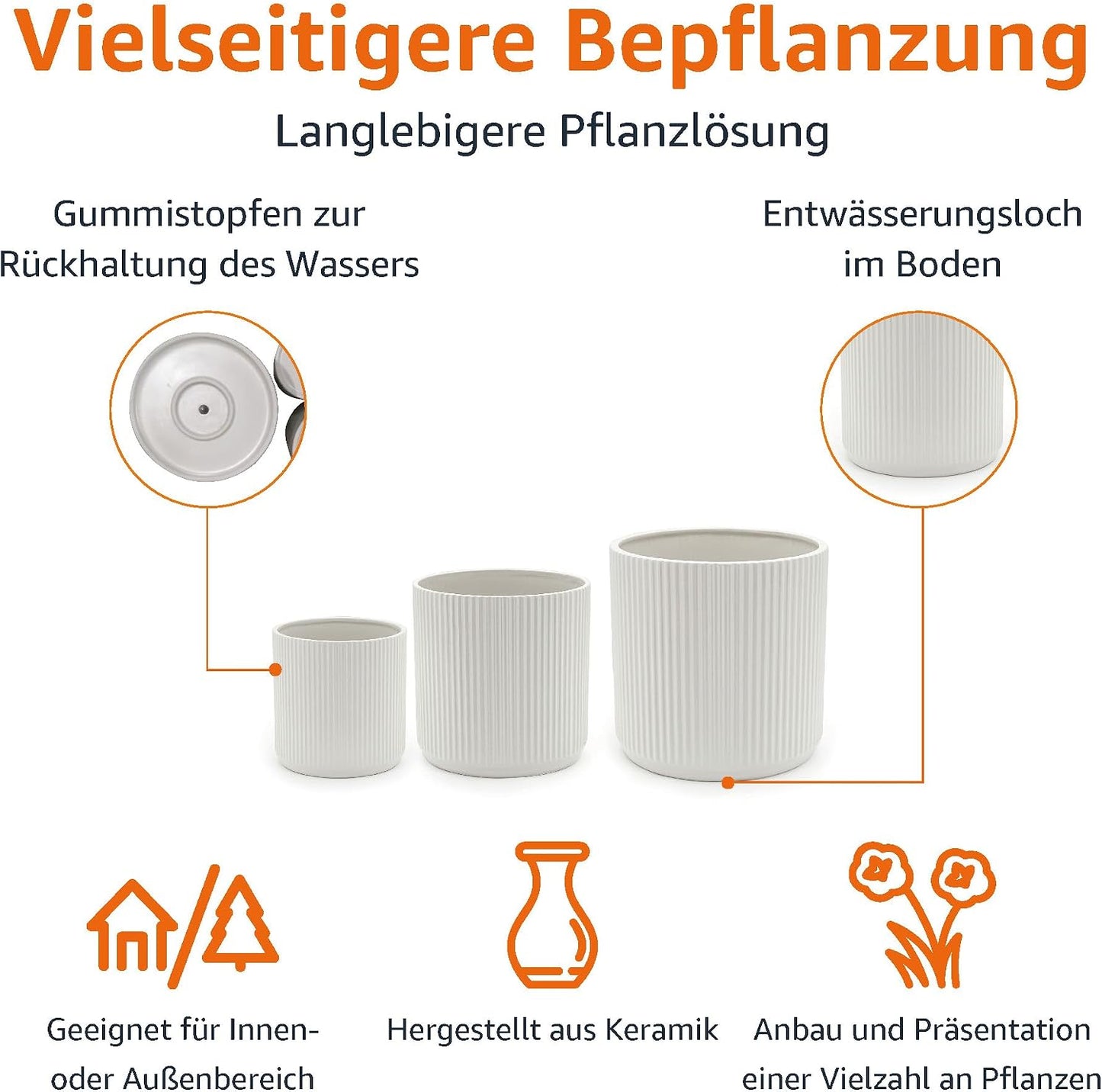 Amazon Basics Set of 3 White Round Fluted Ceramic Planters 6", 8" and 10"