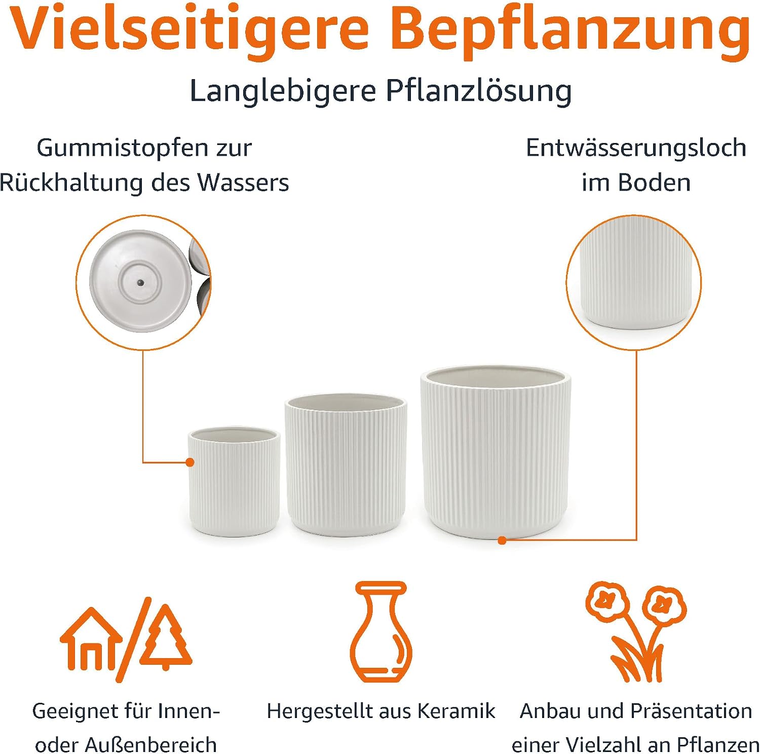Amazon Basics Set of 3 White Round Fluted Ceramic Planters 6", 8" and 10"