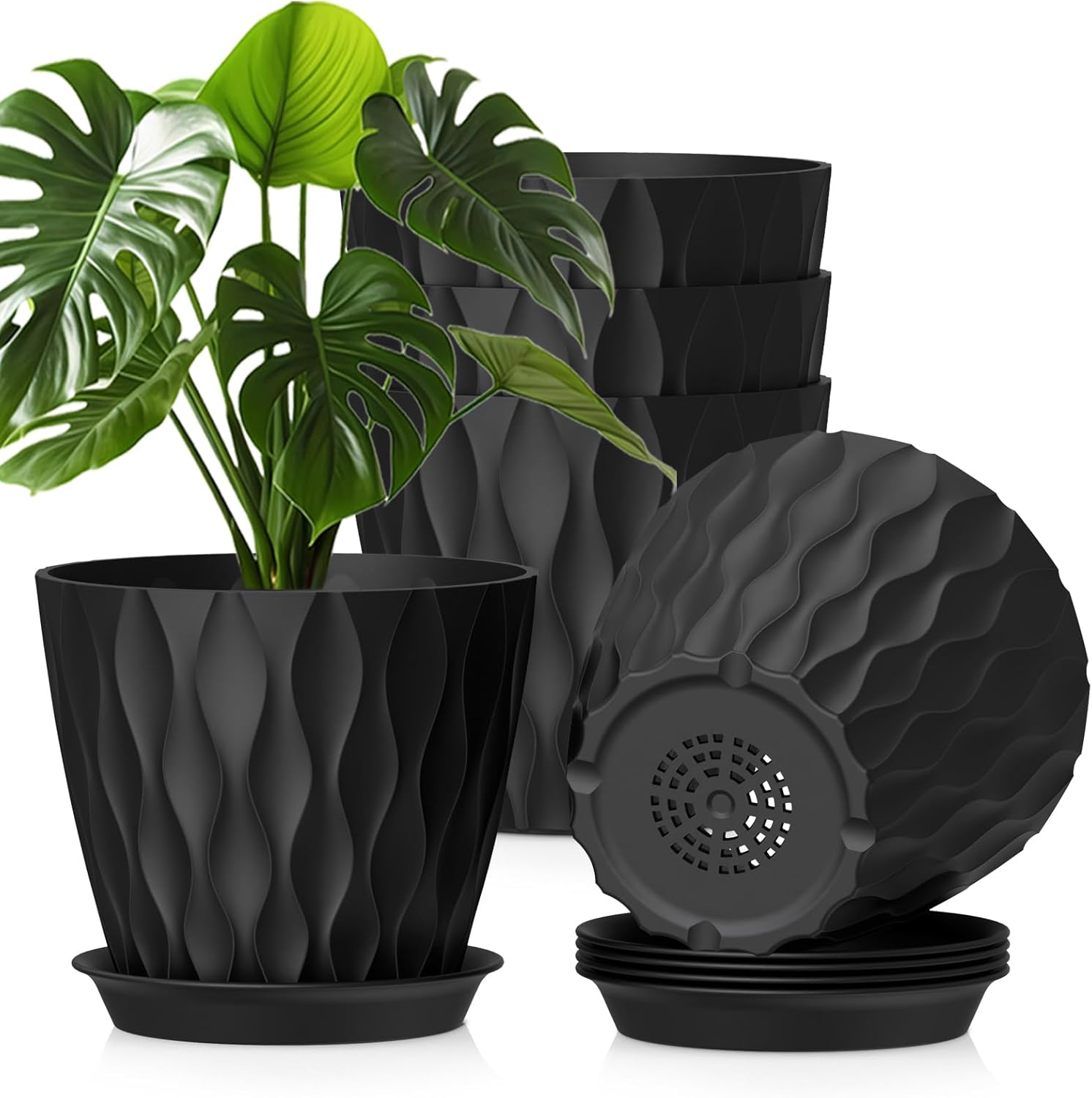 WSMKSZ 20 cm Flower Pots, Set of 5 Thick Plastic Plant Pots with Saucer and Drain Holes, 3D Wave Texture Planter for Monstera, Geranium & Indoor Outdoor Plants, Black