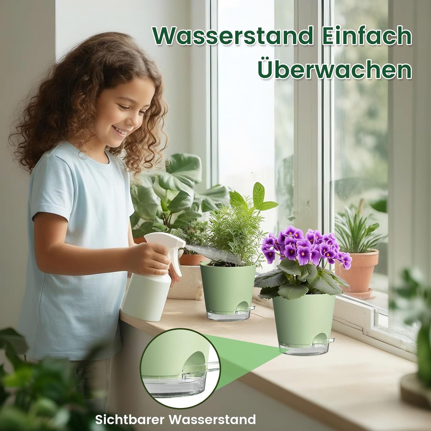 WSMKSZ 7er Set Selbstbewässerungstopf, 20/17,6/16,3/15/13,8/12,5/10,2 cm Kunststoff Blumentöpfe mit Abflusslöchern und Transparentem Wasserreservoir, Sichtbarer Wasserstand, mit Baumwolldocht, Grün