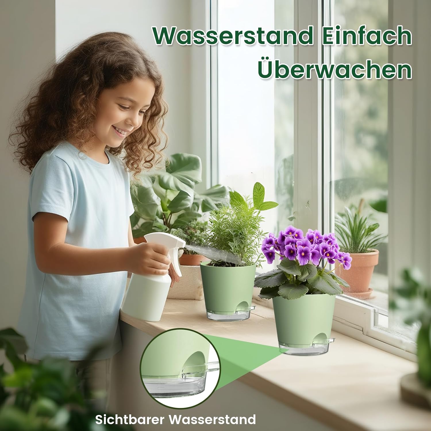 WSMKSZ 7er Set Selbstbewässerungstopf, 20/17,6/16,3/15/13,8/12,5/10,2 cm Kunststoff Blumentöpfe mit Abflusslöchern und Transparentem Wasserreservoir, Sichtbarer Wasserstand, mit Baumwolldocht, Grün