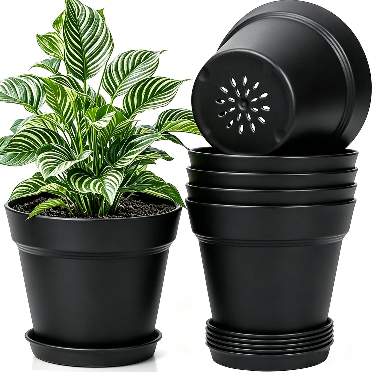 15,2 cm Blumentopf mit Untersetzer, 6er Pack Kunststoff Pflanztöpfe Rund mit Abflusslöchern, Matt-Design für Innen und Außen, Ideal für Balkon und Garten (Weiß)