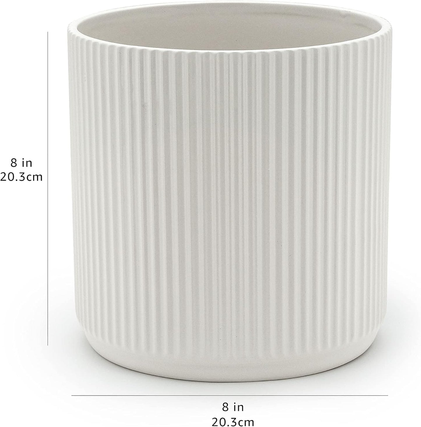 Amazon Basics 8" Round Ribbed Ceramic Planter - White