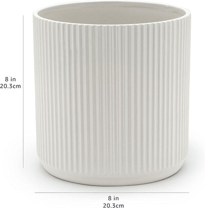 Amazon Basics 8" Round Ribbed Ceramic Planter - White