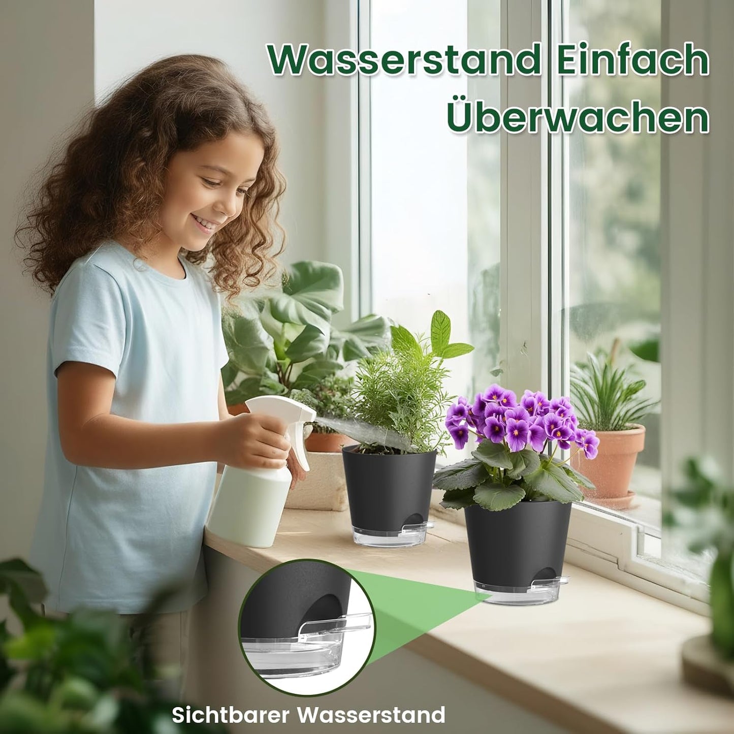 WSMKSZ 7er Set Selbstbewässerungstopf, 20/17,6/16,3/15/13,8/12,5/10,2 cm Kunststoff Blumentöpfe mit Abflusslöchern und Transparentem Wasserreservoir, Sichtbarer Wasserstand, Schwarz