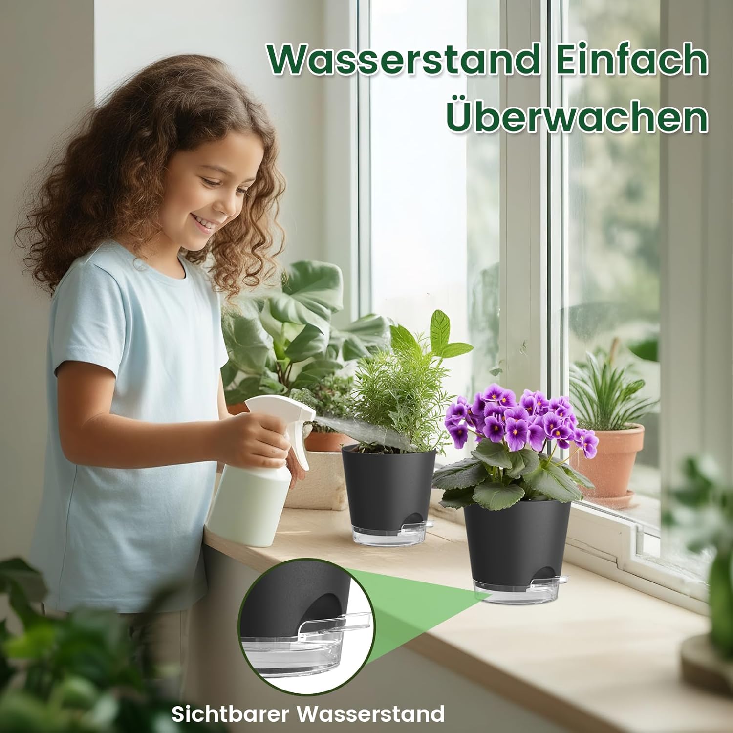 WSMKSZ 7er Set Selbstbewässerungstopf, 20/17,6/16,3/15/13,8/12,5/10,2 cm Kunststoff Blumentöpfe mit Abflusslöchern und Transparentem Wasserreservoir, Sichtbarer Wasserstand, Schwarz