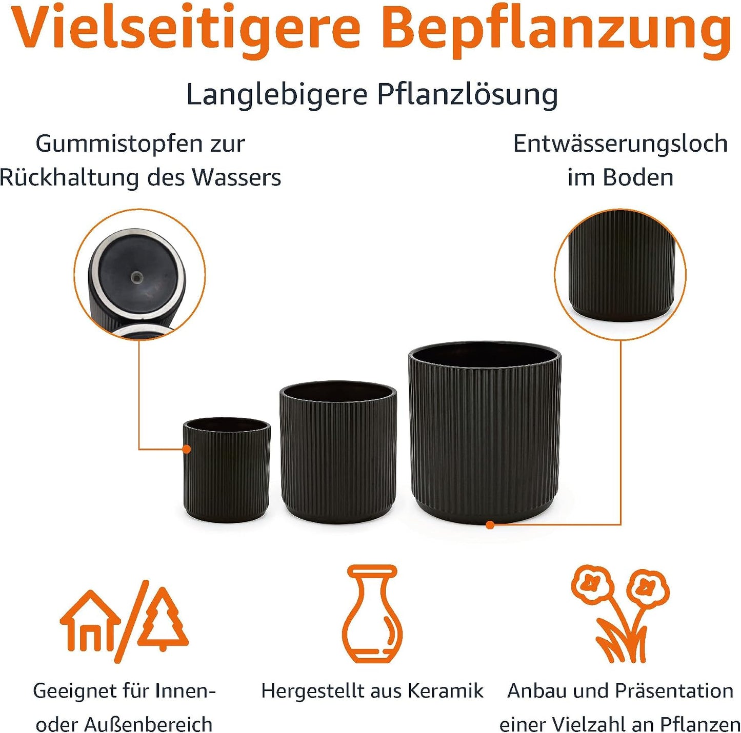 Amazon Basics Set of 3 Black Round Ribbed Ceramic Planters 6", 8" and 10"