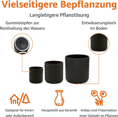 Amazon Basics Set of 3 Black Round Ribbed Ceramic Planters 6", 8" and 10"