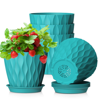 WSMKSZ 20 cm Flower Pots, Set of 5 Thick Plastic Plant Pots with Saucer and Drain Holes, 3D Wave Texture Planter for Monstera, Geranium & Indoor Outdoor Plants, Black