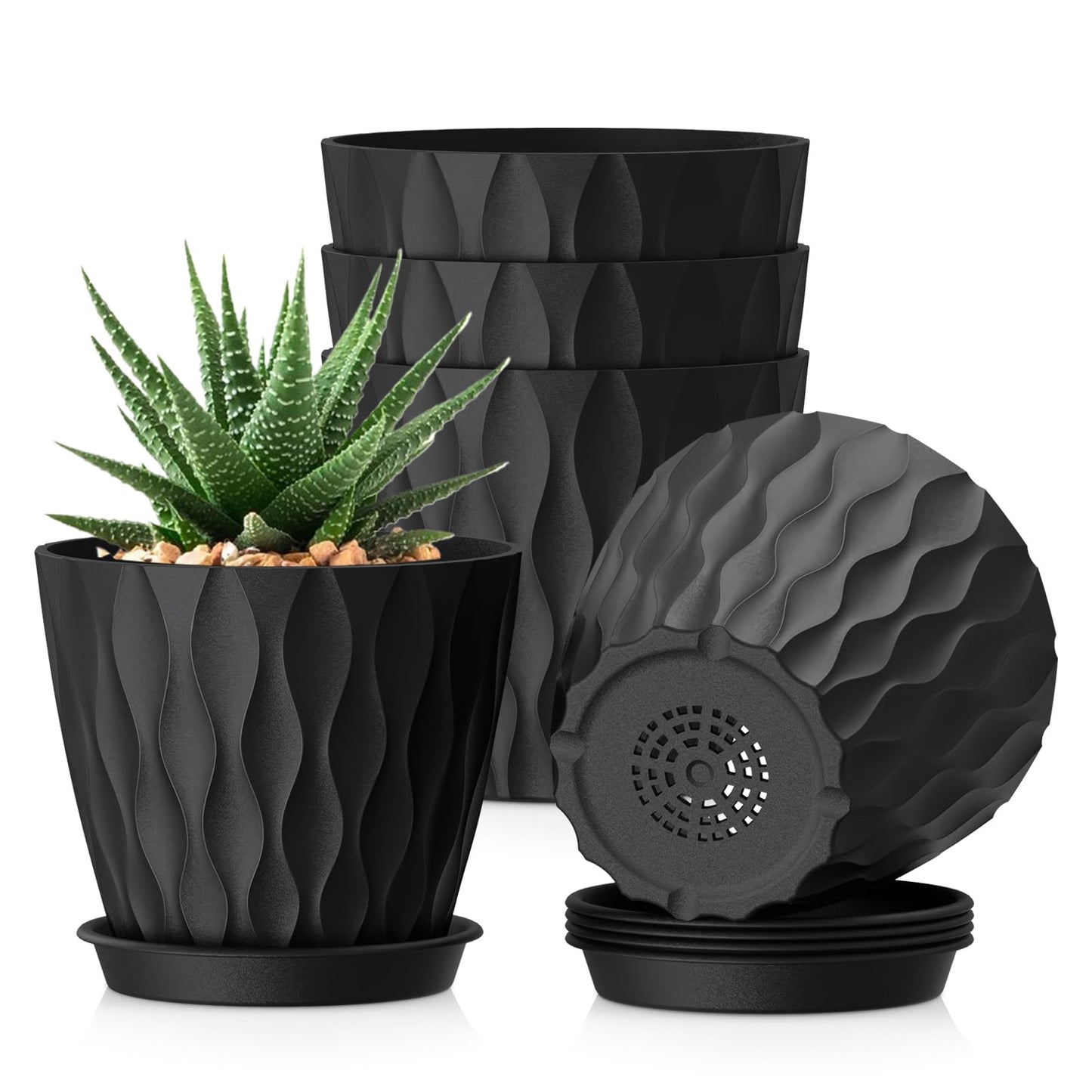 WSMKSZ 15 cm Blumentopf, 5er Set Dick Kunststoff Pflanztöpfe mit Untersetzer & Abflusslöchern, 3D-Wellentextur Übertopf für Einblatt, Efeutute & Innen Außen Pflanzen, Blaugrün