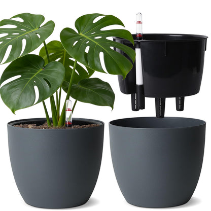 T4U 2Pcs 17,5cm Selbstbewässerungstopf mit Wasseranzeiger, Praktischer Blumentopf für vielbeschäftigte Anfänger und Gärtner, Plant Pot geeignet für Geranien/Minze für den Innen und Außenbereich (Grau)