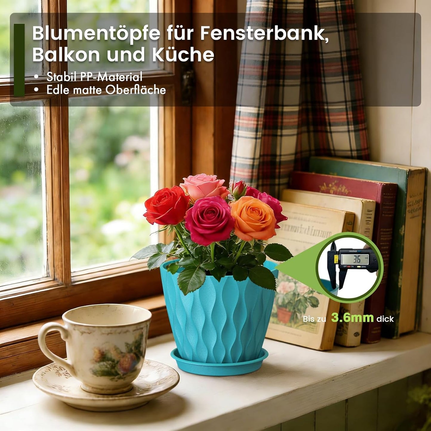 WSMKSZ 15 cm Blumentopf, 5er Set Dick Kunststoff Pflanztöpfe mit Untersetzer & Abflusslöchern, 3D-Wellentextur Übertopf für Einblatt, Efeutute & Innen Außen Pflanzen, Blaugrün