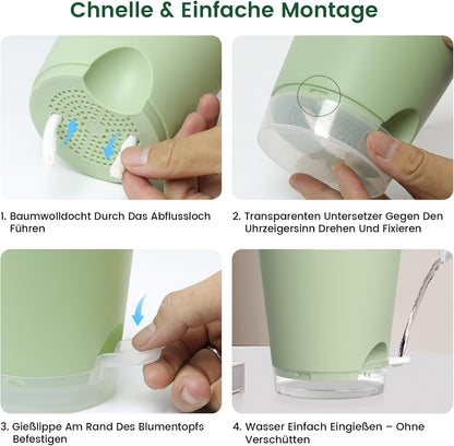 WSMKSZ 7er Set Selbstbewässerungstopf, 20/17,6/16,3/15/13,8/12,5/10,2 cm Kunststoff Blumentöpfe mit Abflusslöchern und Transparentem Wasserreservoir, Sichtbarer Wasserstand, mit Baumwolldocht, Grün