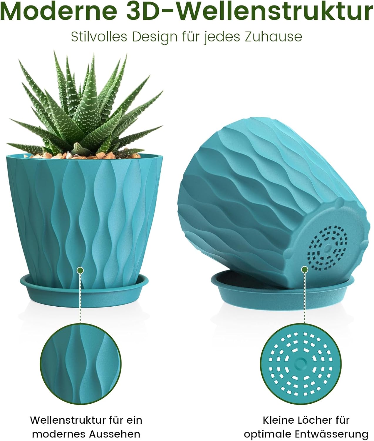 WSMKSZ 15 cm Blumentopf, 5er Set Dick Kunststoff Pflanztöpfe mit Untersetzer & Abflusslöchern, 3D-Wellentextur Übertopf für Einblatt, Efeutute & Innen Außen Pflanzen, Blaugrün
