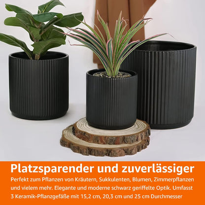 Amazon Basics Set of 3 Black Round Ribbed Ceramic Planters 6", 8" and 10"