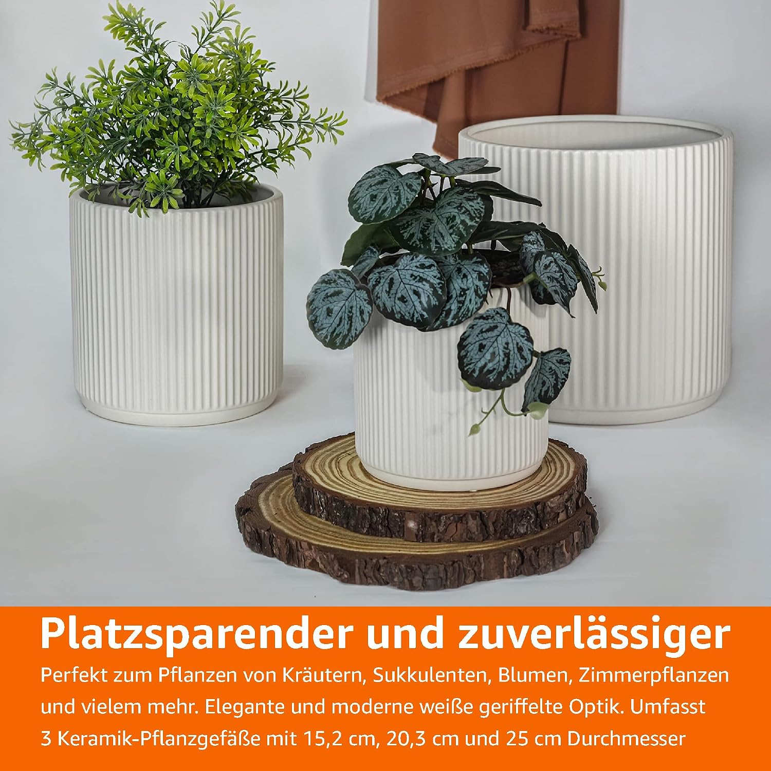 Amazon Basics Set of 3 White Round Fluted Ceramic Planters 6", 8" and 10"